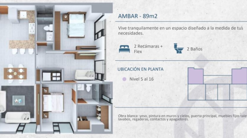 Livo Residencial Departamentos Plano Ambar 89 m2 - 2 rec + flex